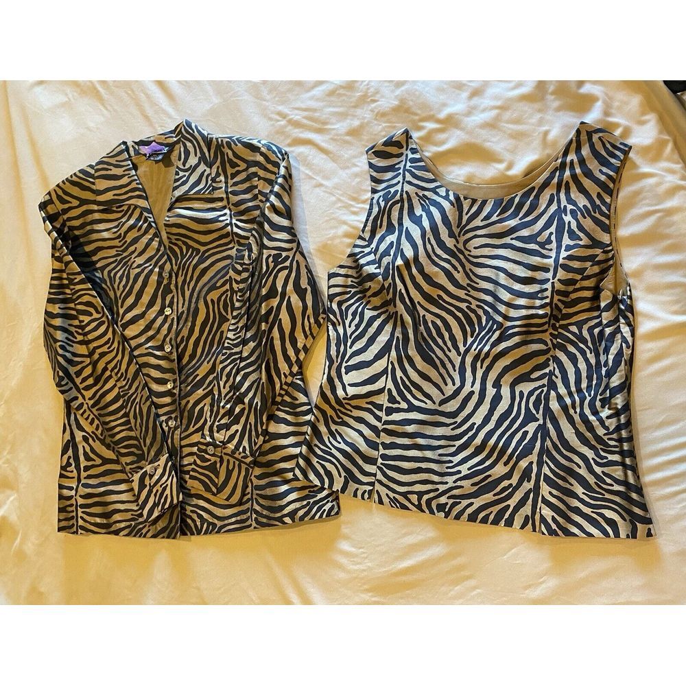 Ann May 100% Silk Zebra Stripe 2Pc Sleeveless‎ Top & ButtonUp Shirt Jacket Small